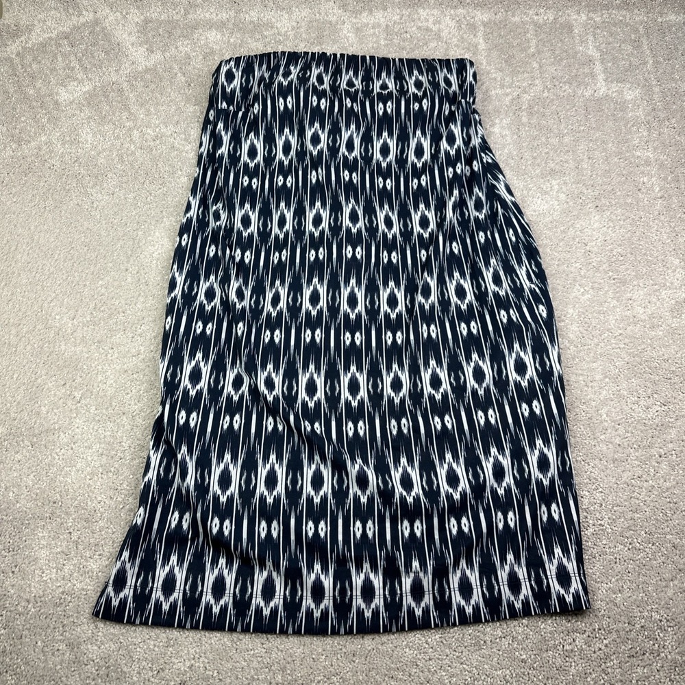 Athleta Ikat Strapless Anywhere Dress Navy Padded Shelf Bra Tie Waist Belt Sz 14